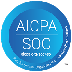 Blue circular AICPA SOC badge with the text 'SOC for Service Organizations | Service Organizations' and the URL 'aicpa.org/soc4so'.