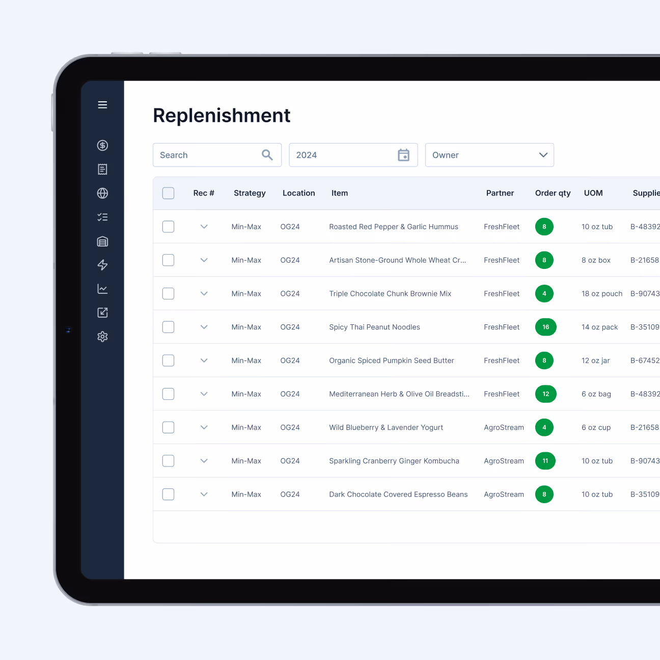 Tablet screen displaying a replenishment dashboard listing food items, order quantities, suppliers, and strategies for inventory management.
