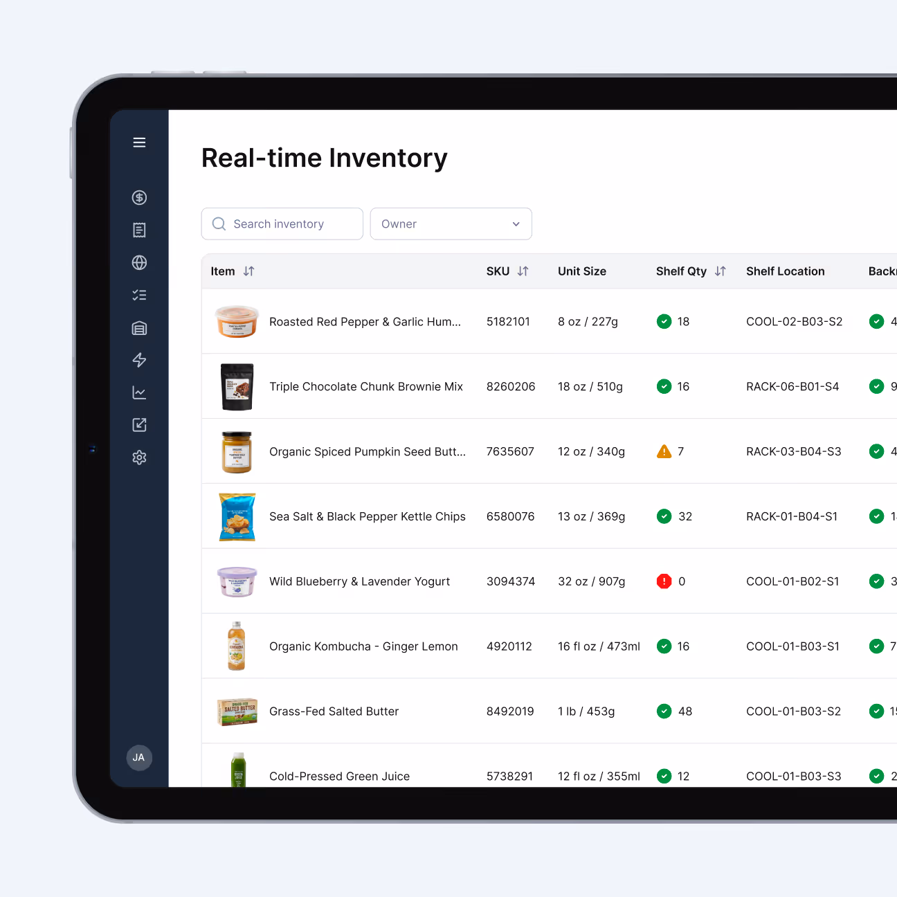 Tablet screen displaying real-time inventory list with items, SKUs, unit sizes, shelf quantities, locations, and backstock status icons.